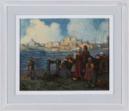 British School - Continental Harbour Scene with Figures