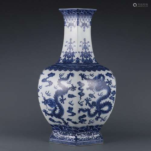 Blue and white dragon pattern hexagonal bottle