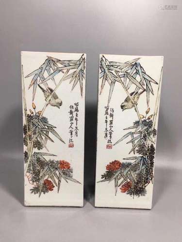 Ren Huanzhang bogu figures landscape square pen holder pair