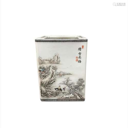 He Xueren - "Snow" Porcelain Square Brush Pot, Chi...