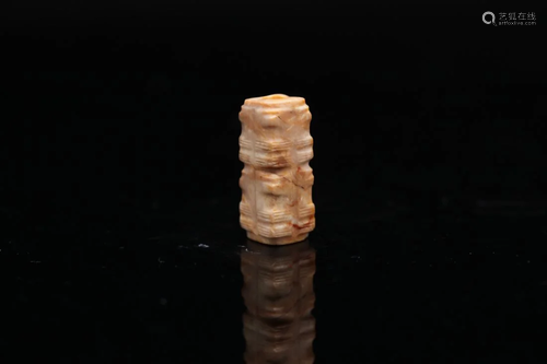 AN ARCHAIC CELADON MINIATURE JADE CONG, NEOLITHIC PERIOD, LI...