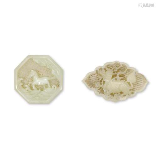 TWO RETICULATED WHITE JADE PLAQUES