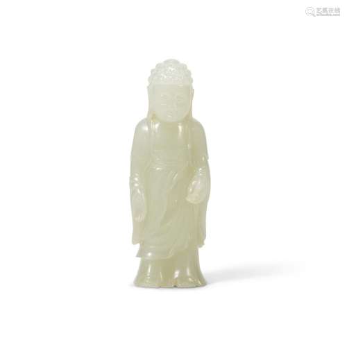 A SMALL WHITE JADE FIGURE OF A STANDING BUDDHA