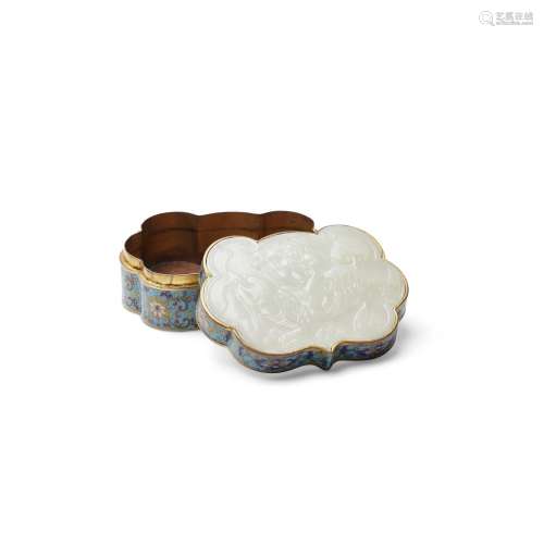 A WHITE JADE RUYI-SHAPED PLAQUE MOUNTED IN A CLOISONNE ENAME...