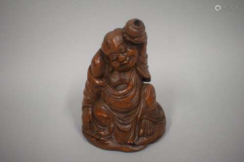 CHINE - ModerneGroupe en bambou sculpté de Budai assis tenan...