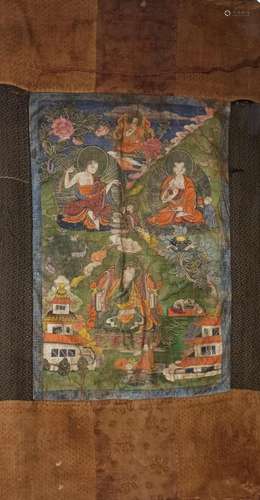 TIBET - XIXe siècleTangka, détrempe sur toile, lama assis au...