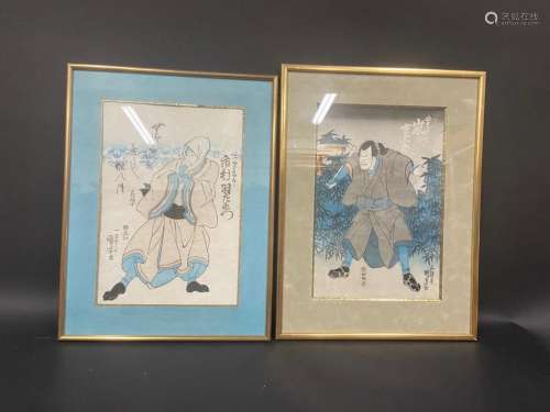 Deux estampes représentant des acteurs de théâtre par kuniyo...