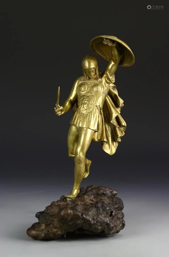 European Brass Statue On A Wood Base