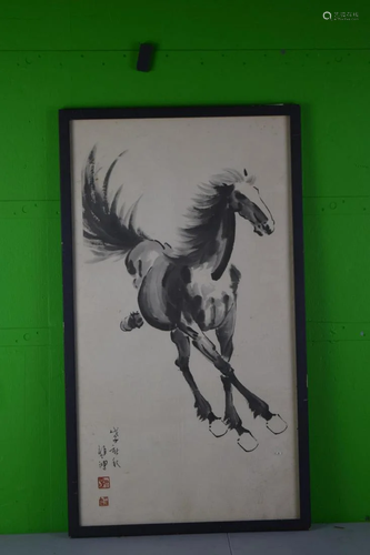 Chinese Framed Ink On Paper Print Of A Horse