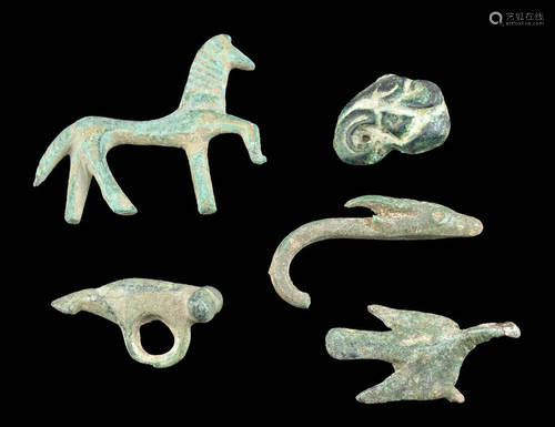 5 Miniature Etruscan / Roman Bronze Animals & Phallus