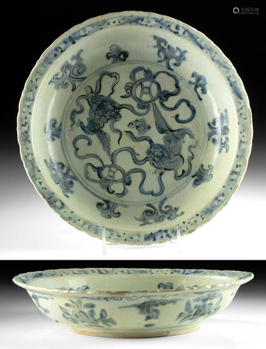 19th C. Chinese Qing Dynasty Pottery Bowl w/ Fu Dogs