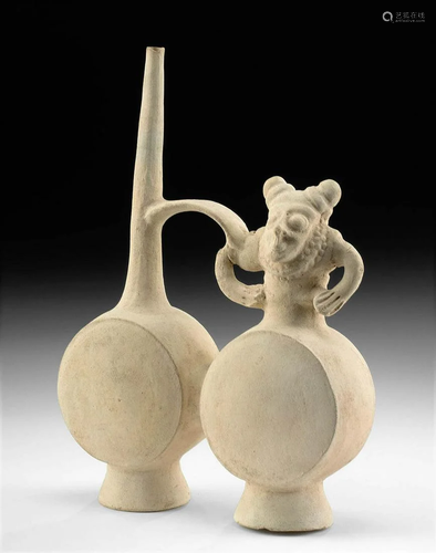 Chancay Pottery Two Chambered Whistling Vessel w/ Man