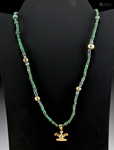 Beautiful Veraguas Jade, Lapis, & Gold Bird Necklace