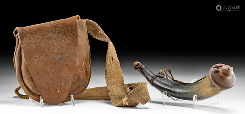 19th C. American Leather Possibles Bag + Powder Horn