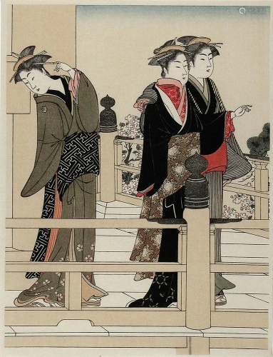 attr. to KIYONAGA, Torii (1552-1815): Three women on a veran...