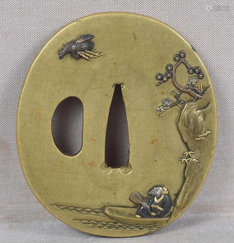 19c sentoku Japanese sword TSUBA SCHOLAR watching crane