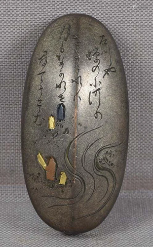 19c Japanese sword KASHIRA POEM & stream