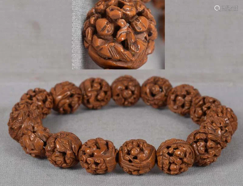 19c Cninese bracelet SCENES OF SCHOLARS carved fruit pits