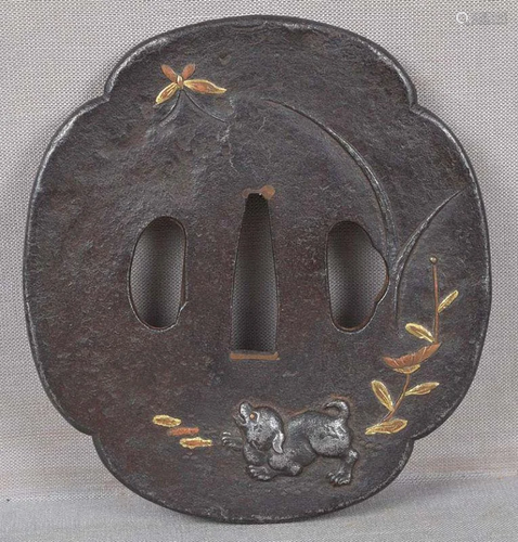 18c Japanese sword TSUBA PUPPY butterfly