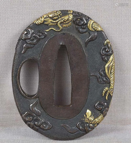 19c shakudo Japanese sword TSUBA DRAGON in clouds