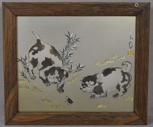 Japanese multi metal plaque PUPPIES & rhino BEETLE by GO...