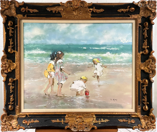 HUGE Max Karp Enamel On Copper "Children On Beach"