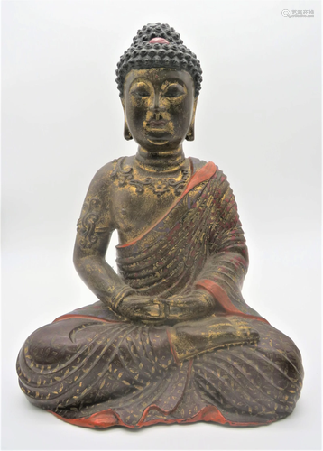 Antique Gilt Polychrome Seated Buddha Figure