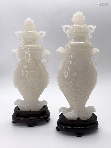 Pair Chinese White Jade Fish Form Urns