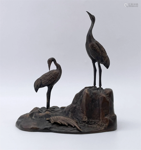 Japanese Meiji Bronze Group With Minogame & Cranes