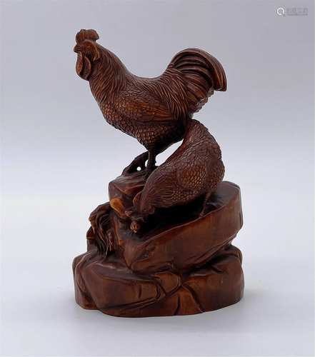 Meiji Japanese Wood Rooster & Hen Okimono