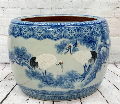 Fine Japanese Blue & White Jardiniere With Cranes