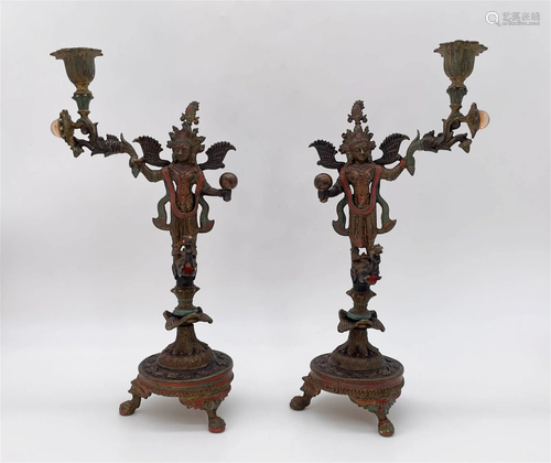 Pair Vintage Tibetan Bronze Figural Candlesticks