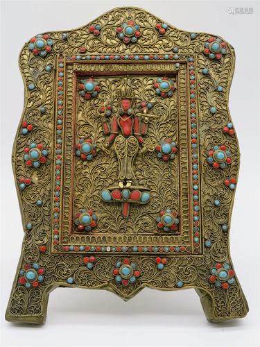 Antique Nepalese Gilt-Metal & Stone Votive Plaque