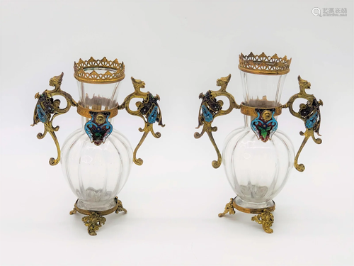 Pr French Gilt Bronze Champleve Crystal Vases