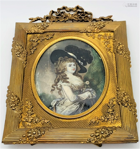 19C Hand Painted Portrait In Gilt Bronze Frame