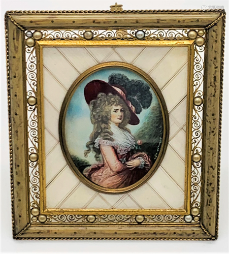 19C Hand Painted Portrait In Decorative Frame