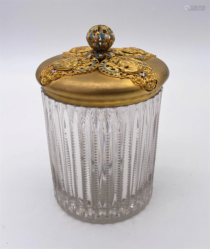 French Crystal Jar w/ Enameled Gilt Metal Lid