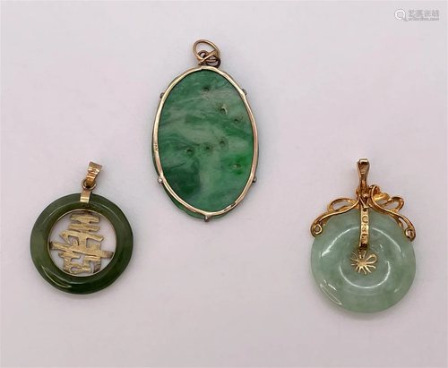 3 Vintage Chinese 14K & Jade Pendants