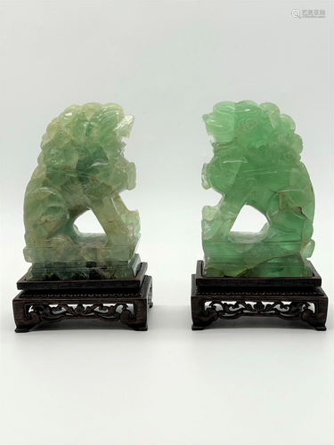 Pair Chinese Green Quartz Foo Lions On Stands