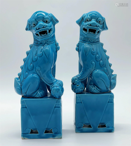 Pair Blue Glaze Temple Foo Lion Figures