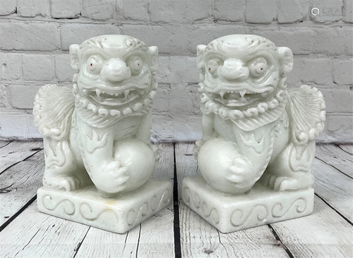 Pair Carved Chinese Marble Temple Foo Lions