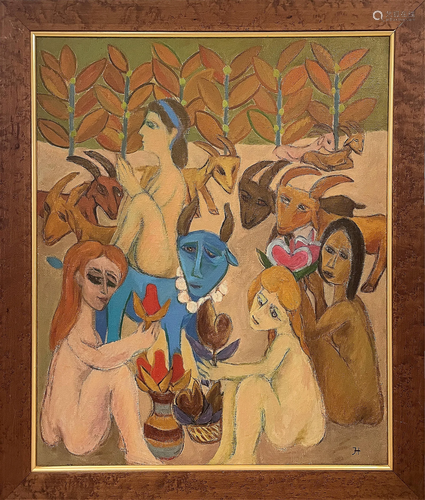 Modernist O/C "Women & Goats" Modernist Oil on...