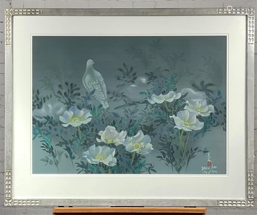 David Lee Color Lithograph "Flowers & Bird"