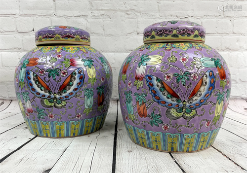 Pair Chinese Import Purple Butterfly Ginger Jars