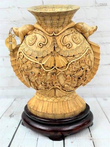 Large Vintage Chinese Carved Bone Figural Urn