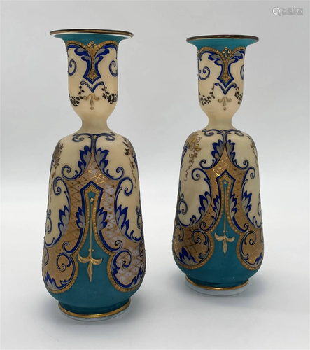 Pair Antique Enameled Glass Vases