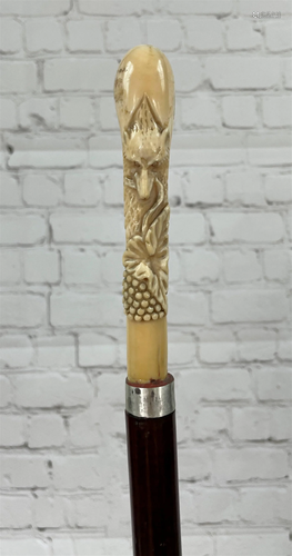 19C Carved Bone Handled Walking Stick