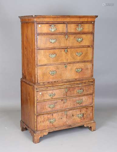 A George I walnut chest-on-chest with herringbone banding, t...