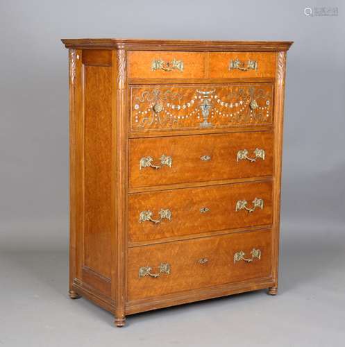 An early 20th century bird's eye maple chest, inlaid with ur...