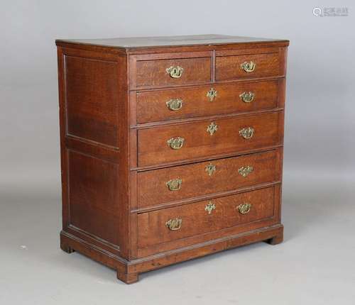 A late 17th/early 18th century oak chest of drawers with pan...